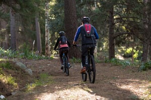 Biker couple cycling in countryside forest